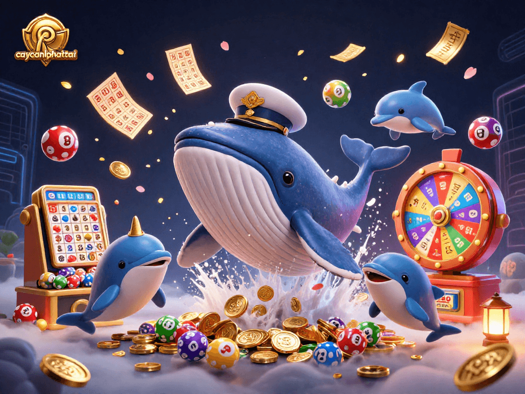 Engage in thrilling gameplay with caycanhphattai as a massive whale and narwhal bring excitement amidst a vibrant casino scene.
