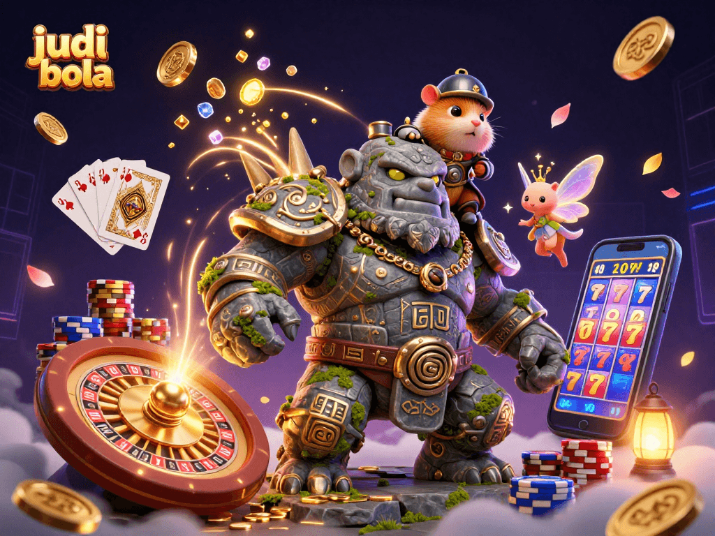 Experience judi bola action with a dynamic scene featuring a golem guardian, fairy magic, and a hamster knight.