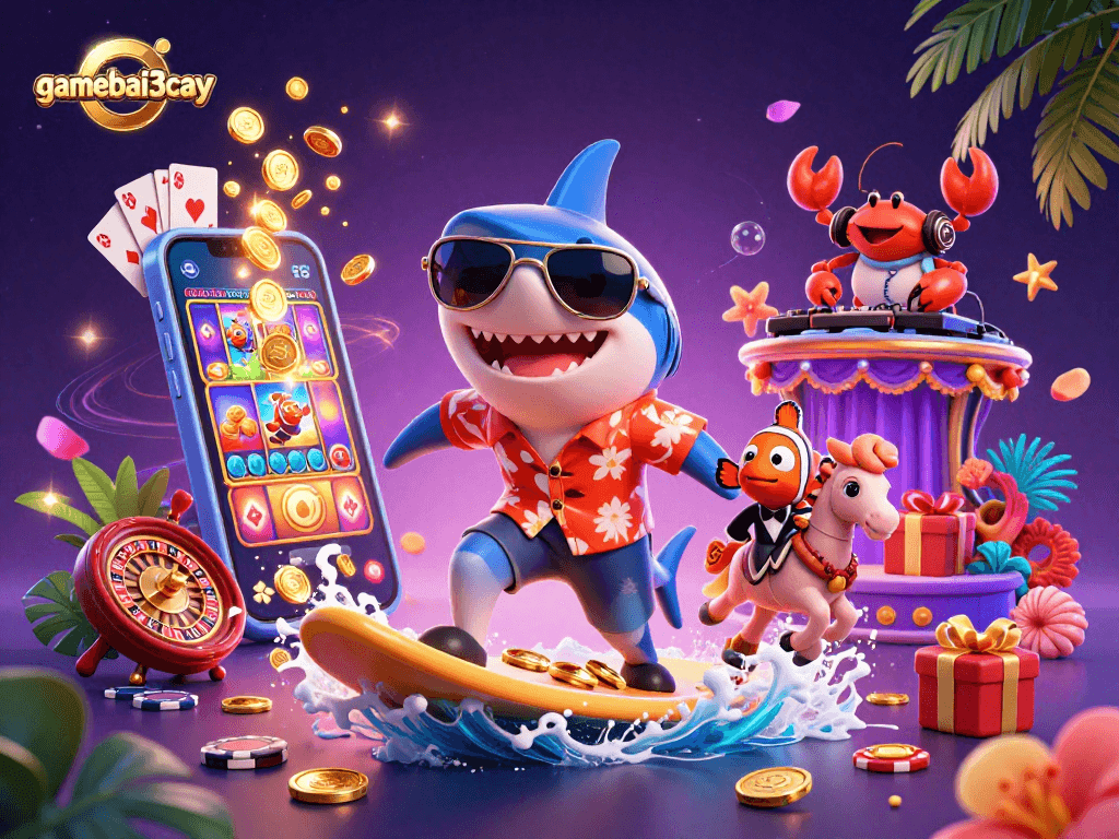 Join the thrill with gamebai3cay as the hammer-head shark surfs on gold coins amid bright slot games.