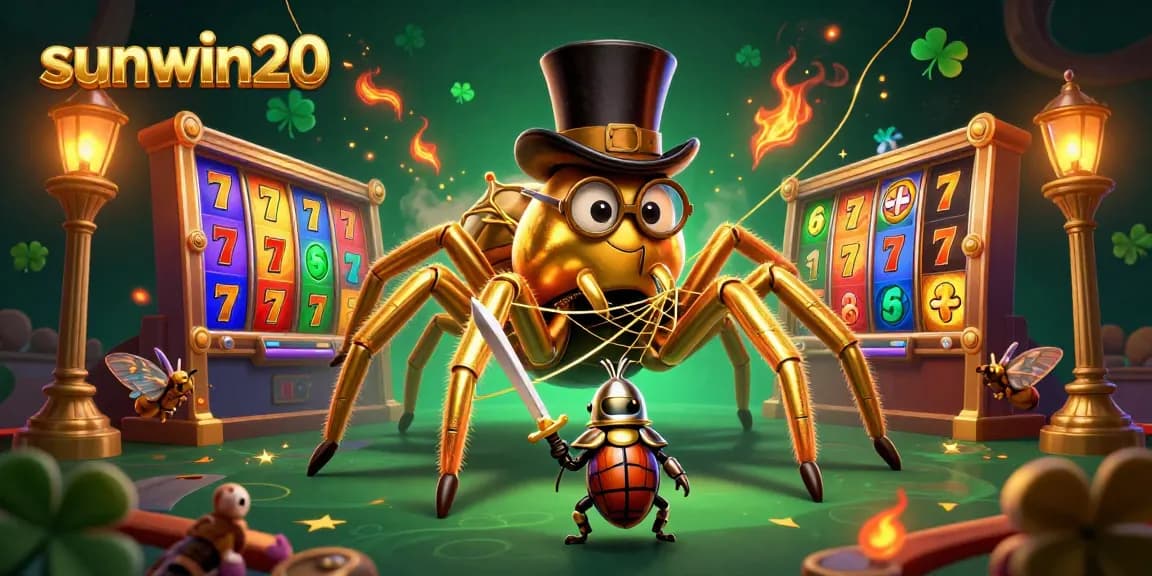 Experience excitement with sunwin20, featuring a giant golden tarantula and beetle knight amidst vibrant slot machines.