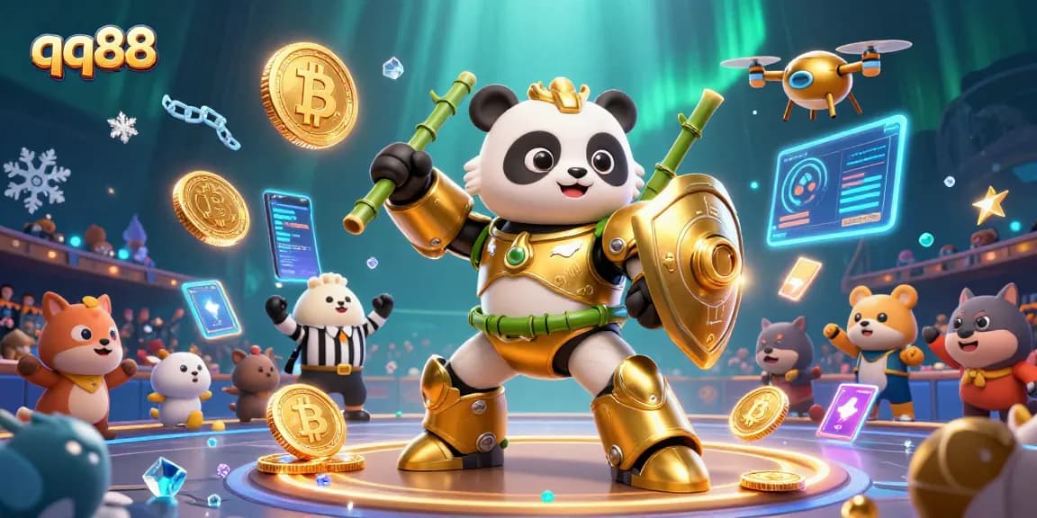Engage with qq88's thrilling gambling arena showcasing vibrant characters and crypto elements.