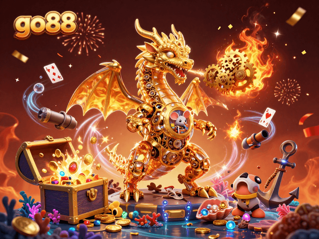 Experience the excitement of go88 with golden treasures and captivating characters in this vibrant casino-themed illustration.