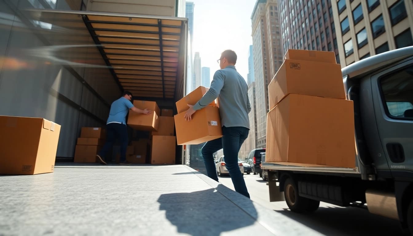 Movers in New York City efficiently handling boxes, representing moving companies in new york city.