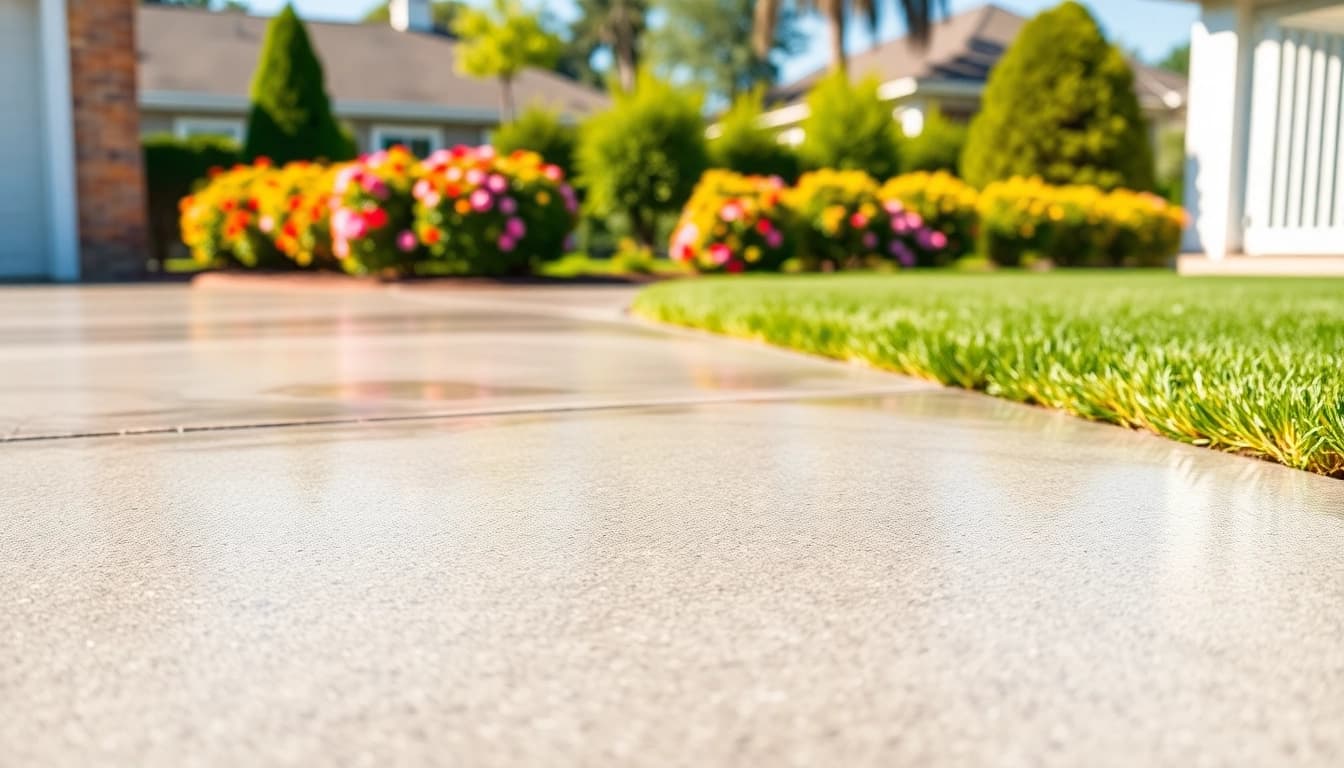 Driveway cleaning service showcasing a shiny and spotless driveway in a sunny suburban setting.