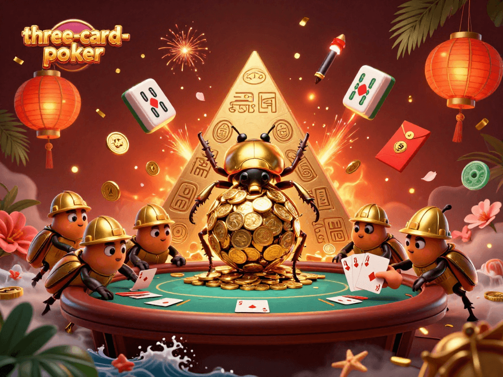 Engage in three-card-poker as a dealer showcases a royal flush amidst golden casino treasures and vibrant decor.
