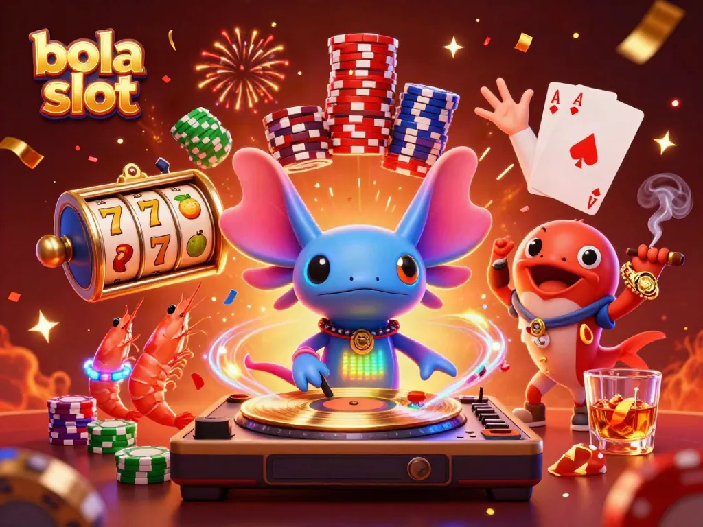 Bola slot's vibrant 3D illustration shows axolotl DJ and friends celebrating around spinning slot reels.