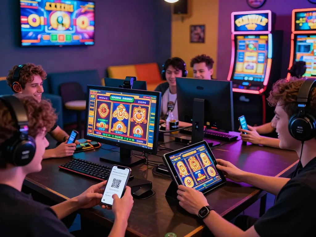 Players enjoying slot gacor hari ini on various devices, highlighting quick QRIS deposits in an exciting gaming environment.
