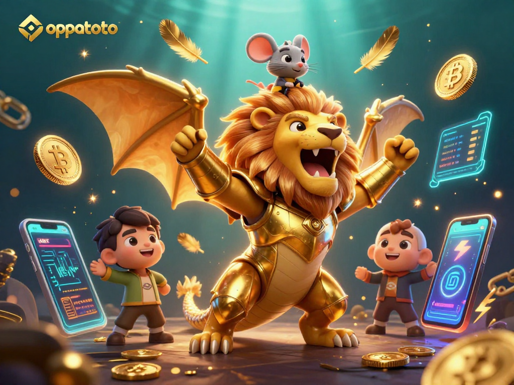 Engage with oppatoto's thrilling 4D lottery experience featuring a victorious chimera surrounded by dynamic crypto elements.