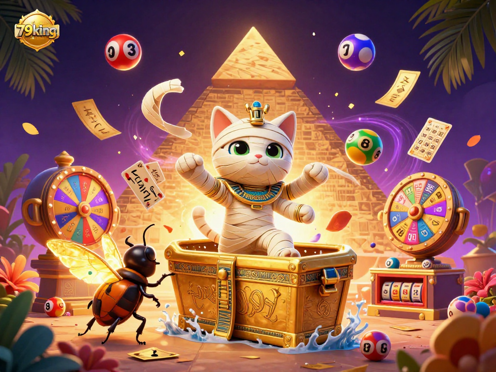 Engage with exciting games at 79king. featuring a dynamic Egyptian-themed casino illustration.
