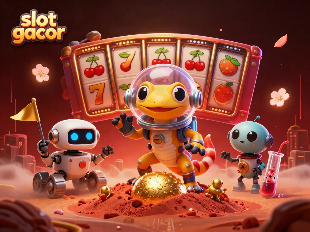 Menggali slot gacor di kasino emas dengan gecko Mars dan rover robot di Mars.