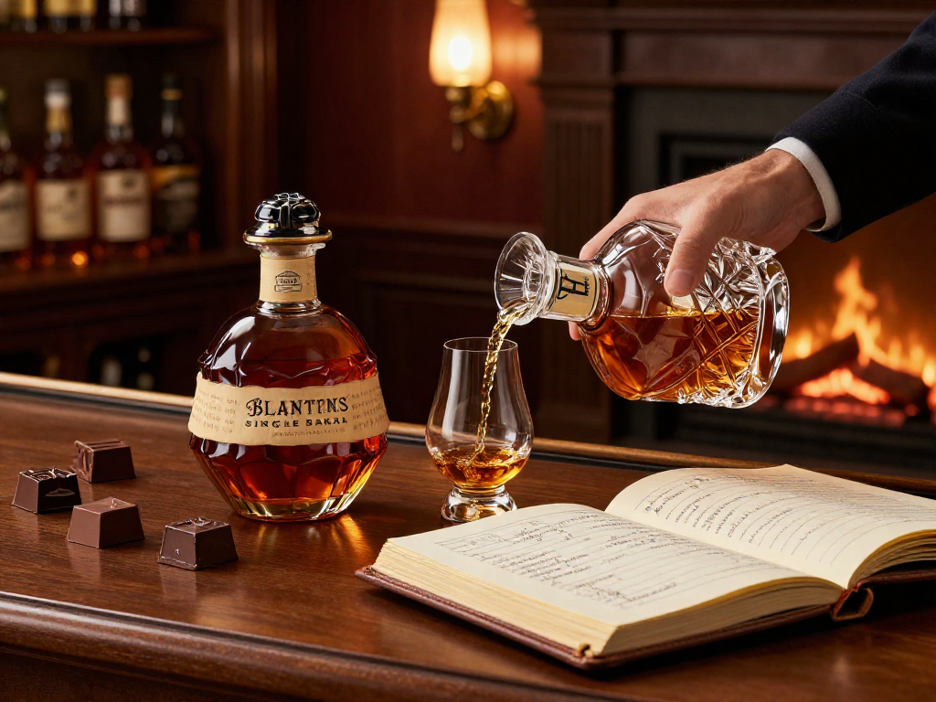 Blanton's Single Barrel Bourbon tasting scene with warm lighting and elegant decor