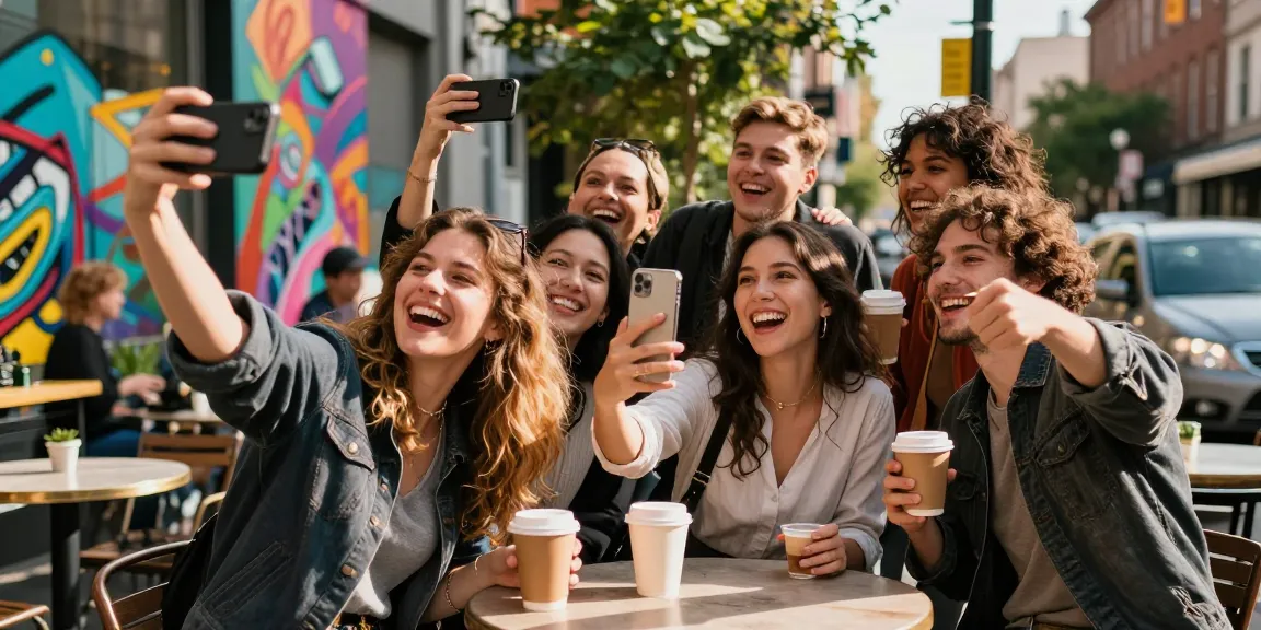 Friends enjoying a fun moment checking how old do I look using their phones, capturing a vibrant city atmosphere.