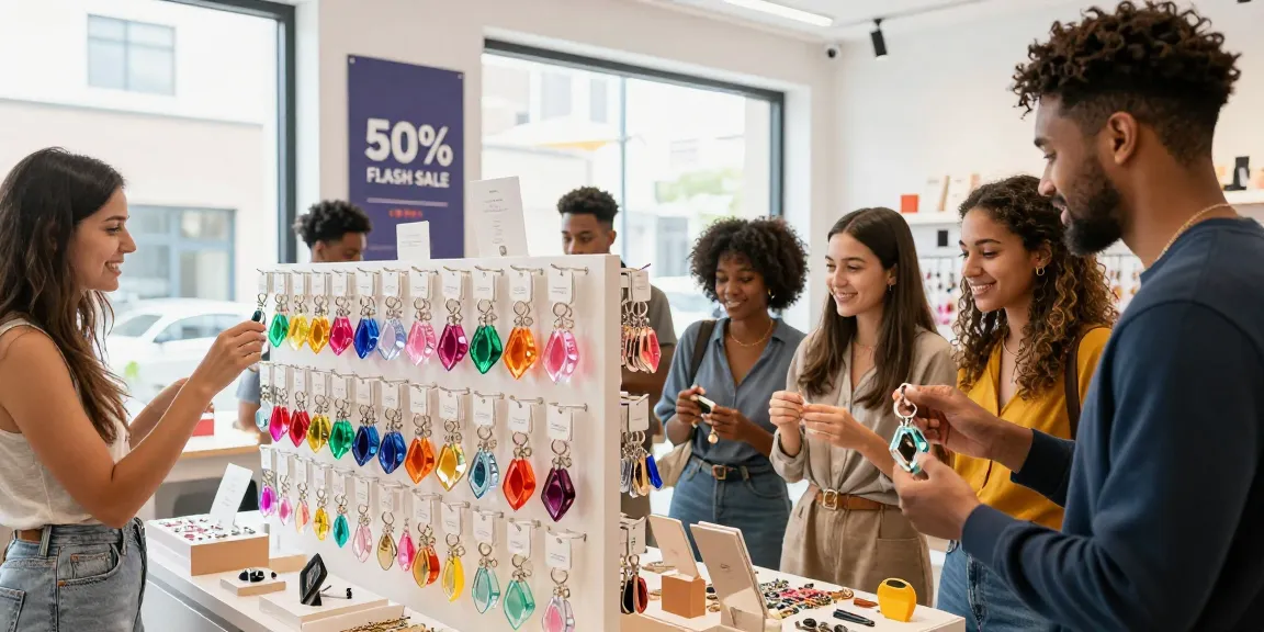Custom Acrylic Diamond Keychains displayed prominently in a vibrant shop setting during a sale, inviting customer engagement and selection.