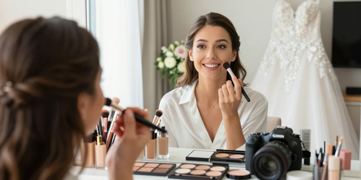 Trucco sposa con preparazione elegante di una sposa felice al suo tavolo di bellezza.