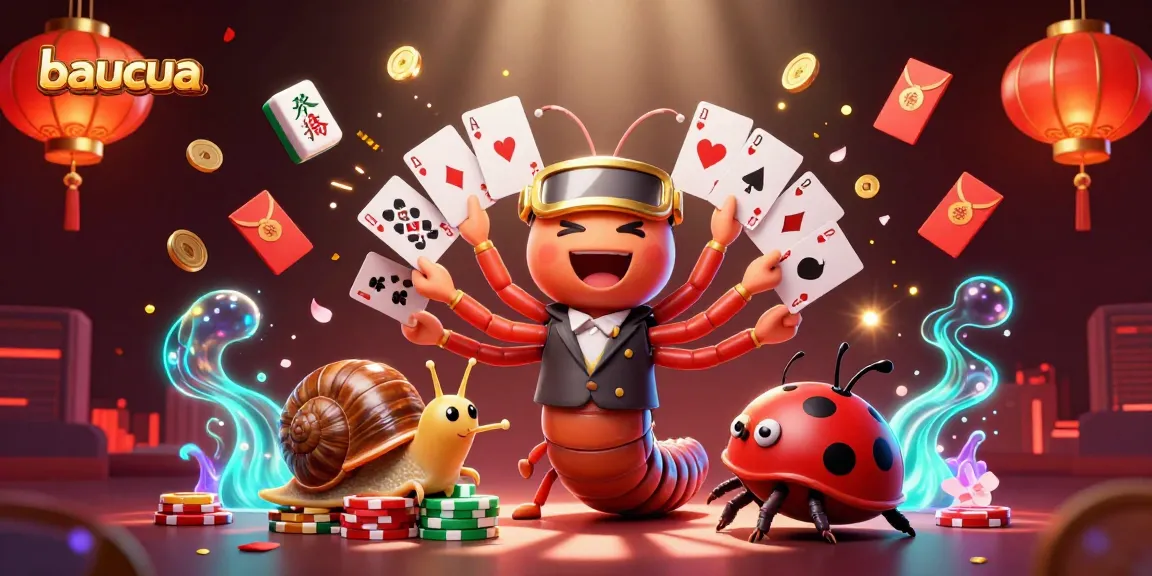 Engage in the lively baucua game with colorful characters and rich casino elements in a vibrant scene.