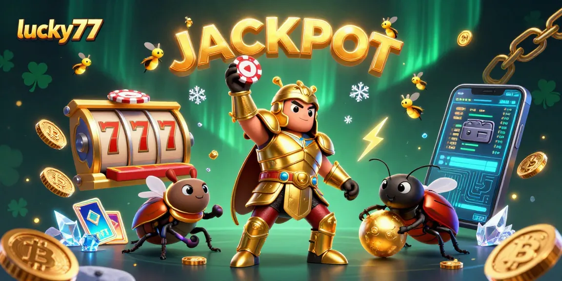 Experience lucky77 excitement with a vibrant 3D illustration showcasing a victorious beetle and jackpot elements.
