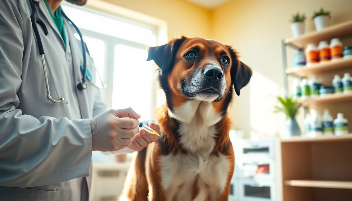 Applying DMSO for dogs in a vet's office, representing effective treatment.
