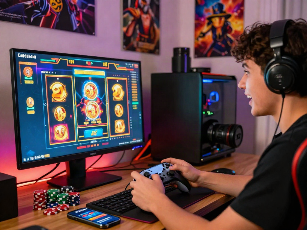 Engaging gaming setup showcasing situs slot gacor hari ini with vibrant graphics, LED lighting, and casino chips on the desk.