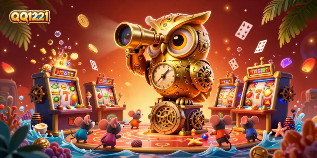 Engage in thrilling slots with QQ1221, showcased in a vibrant 3D casino scene.