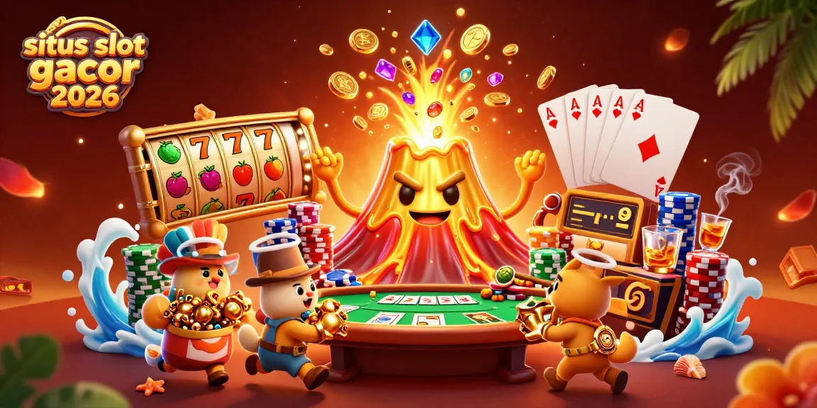 Permainan situs slot gacor 2026 yang menunjukkan letusan gunung berapi dan harta karun