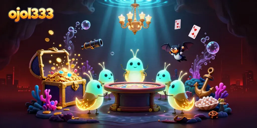 Experience ojol333 with illuminating glowworms lighting a vibrant casino scene filled with underwater treasures.