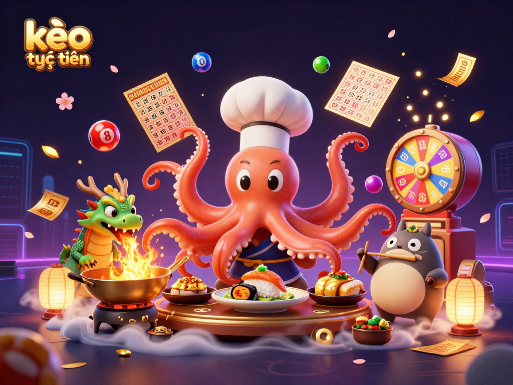 Experience kèo trực tuyến with dynamic gaming action featuring an octopus preparing dishes in a vibrant casino setting.