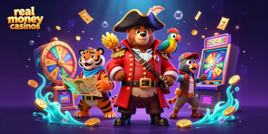 Experience real money casinos with a cartoon pirate bear, tiger, and parrot amidst slot reels, golden coins, and vibrant prizes.