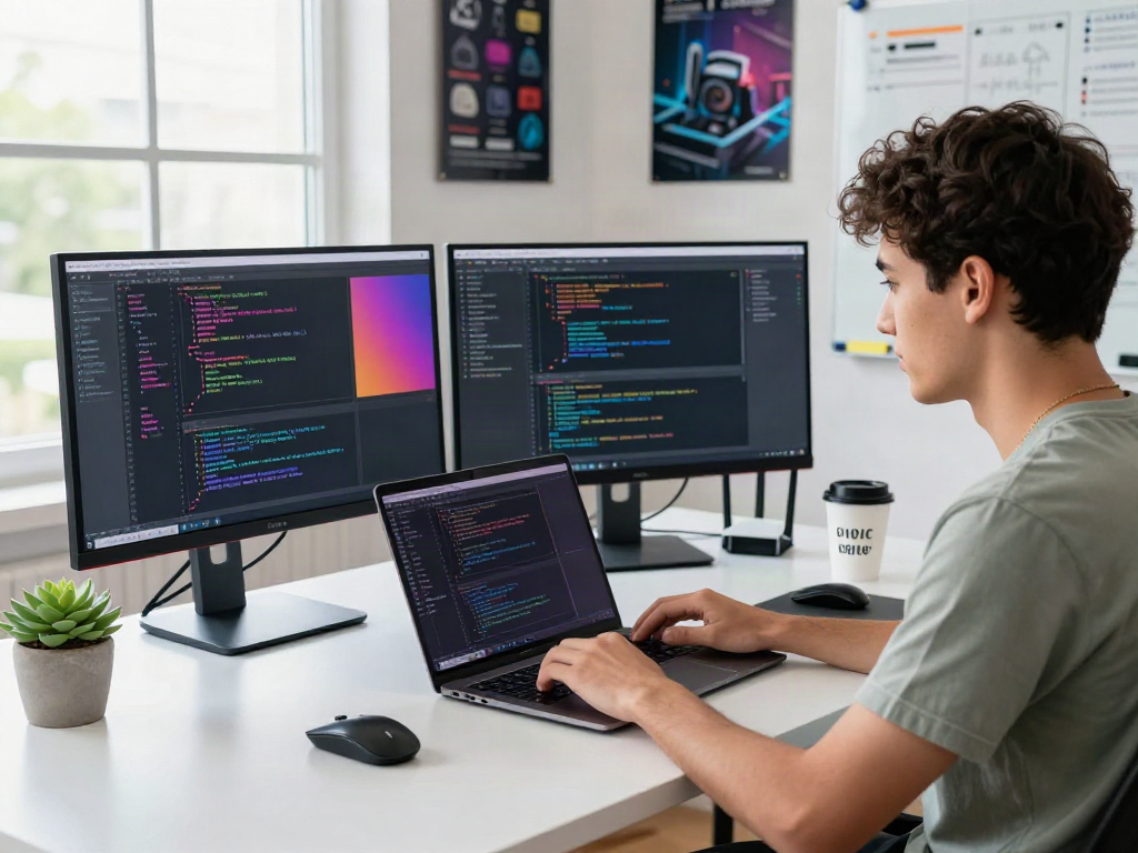 Download Pikashow Apk shown in a vibrant tech workspace with monitors and coding software.