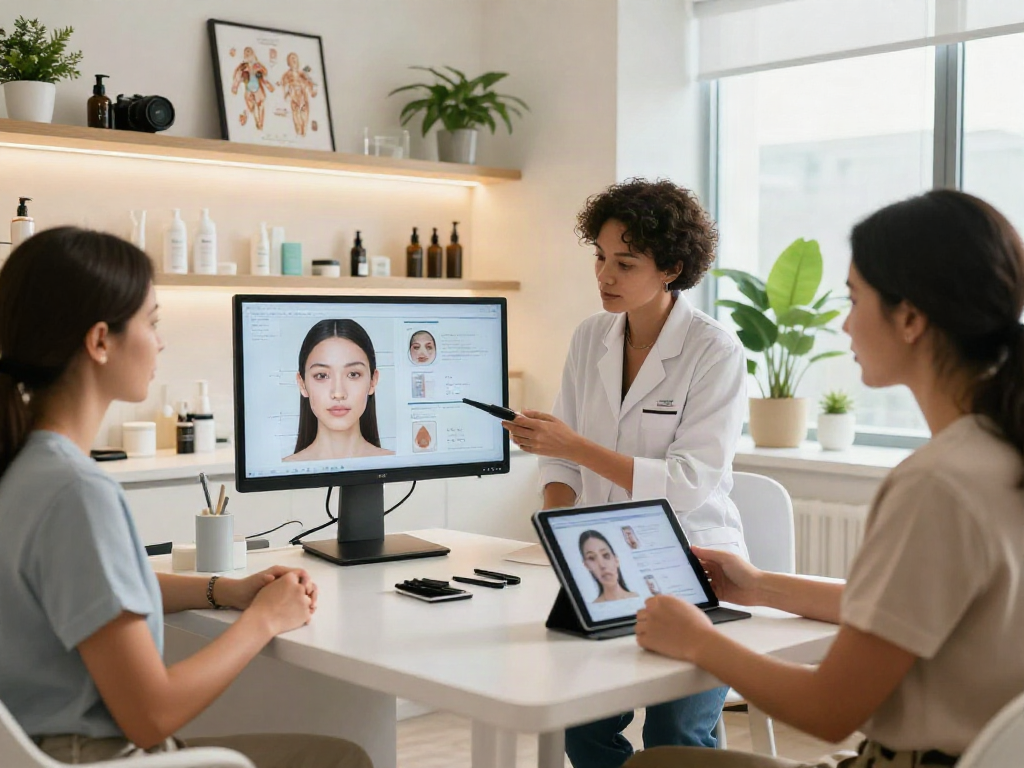 Client and clinicians reviewing aesthetic analysis, showcasing why ClinicEvo is a better alternative to QOVES.