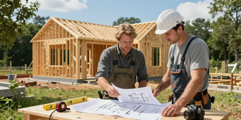 BM2500 barndominium plan construction with architect and builder collaborating on blueprints.