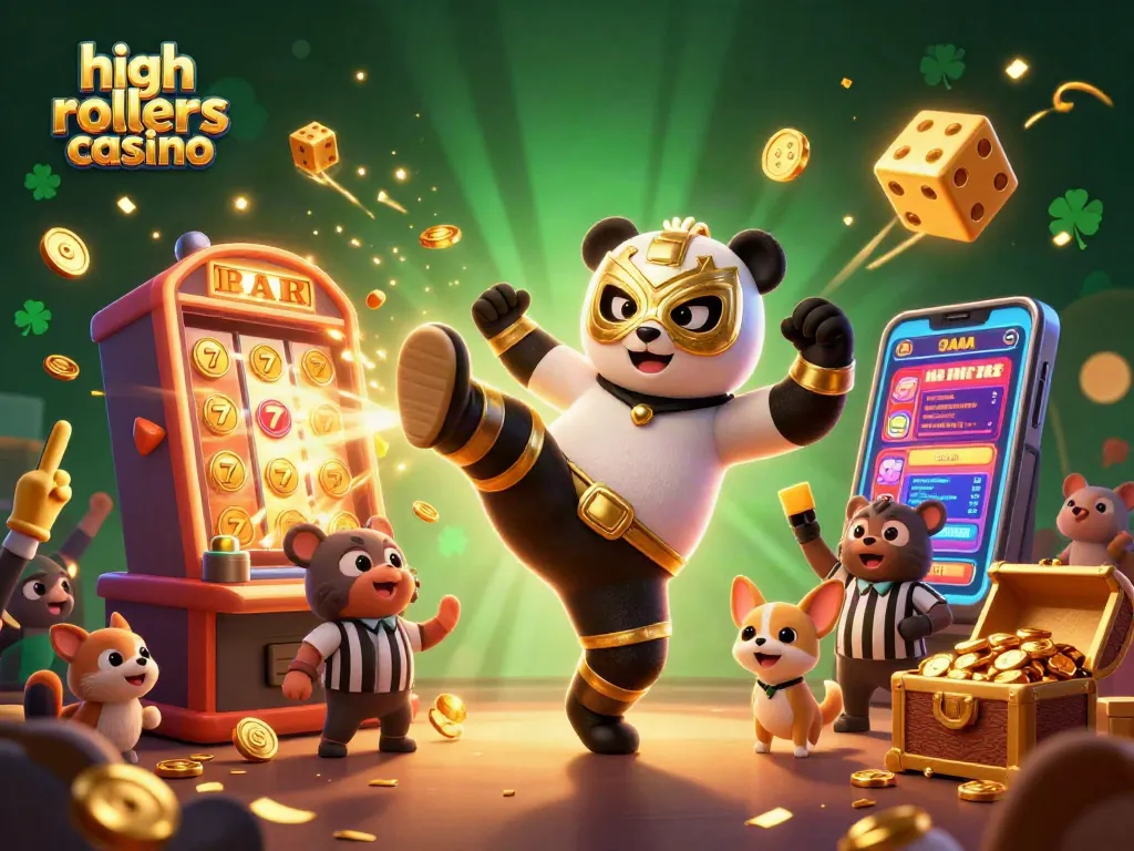 Experience exuberance at high rollers casino with an animated scene of a panda wrestler kicking amidst slot machines and cheering fans.