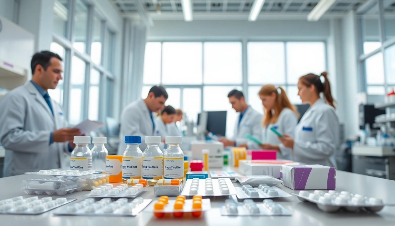 Showcase of pharmaceutical packaging services in a modern laboratory with vibrant packaging materials.