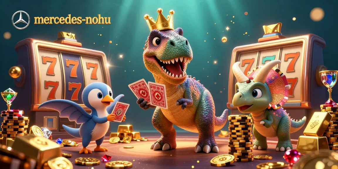Experience thrilling card games with mercedes-nohu featuring a T-Rex in a casino filled with slot machines and gold.