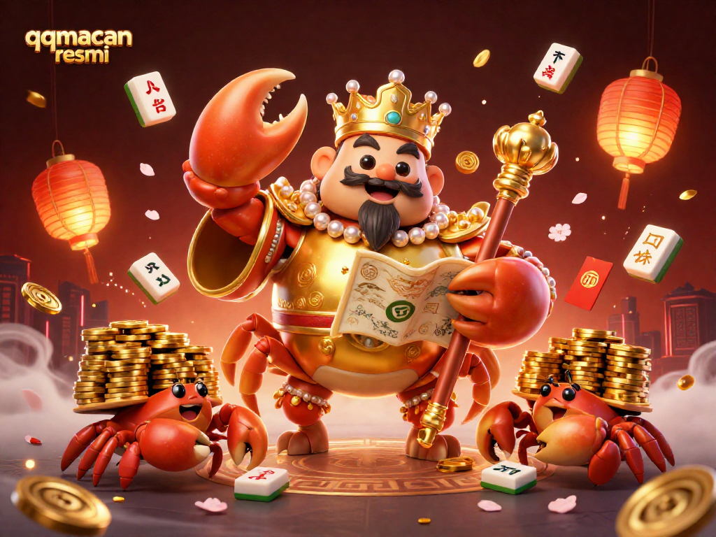 Engage with qqmacan resmi's vibrant casino scene featuring a golden crab emperor amidst festive decorations.