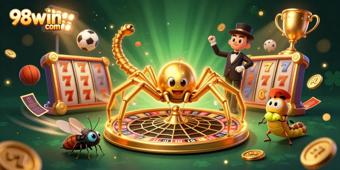 Spin the reels at 98win com, featuring golden web roulette, sports action, and dynamic gaming elements.