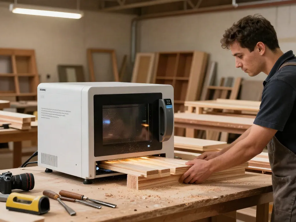 SHASHEL® microwave equipment used for fast, chemical-free wood treatment in a modern workshop