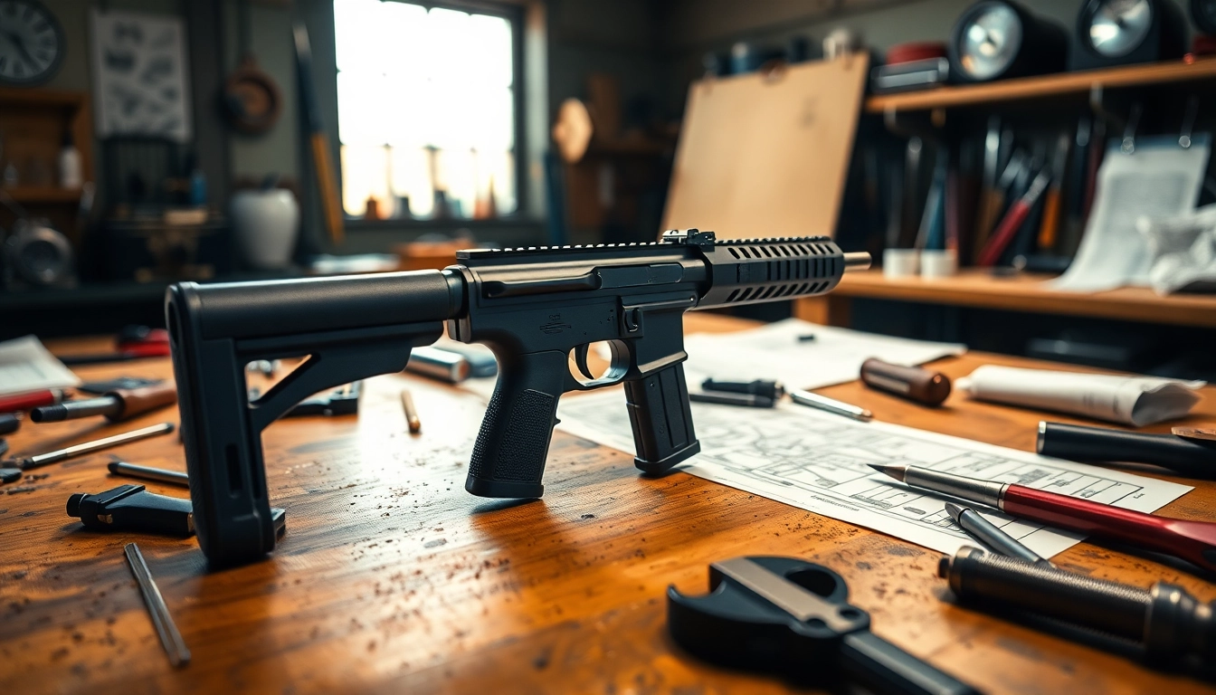 Inspecting glock slide for precision and quality on a workbench with tools.