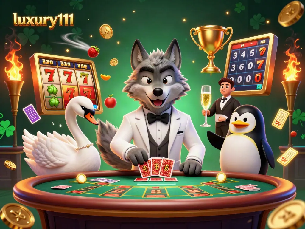 Engage with luxury111 as a debonair wolf and elegant characters celebrate at a dynamic slot gaming scene.