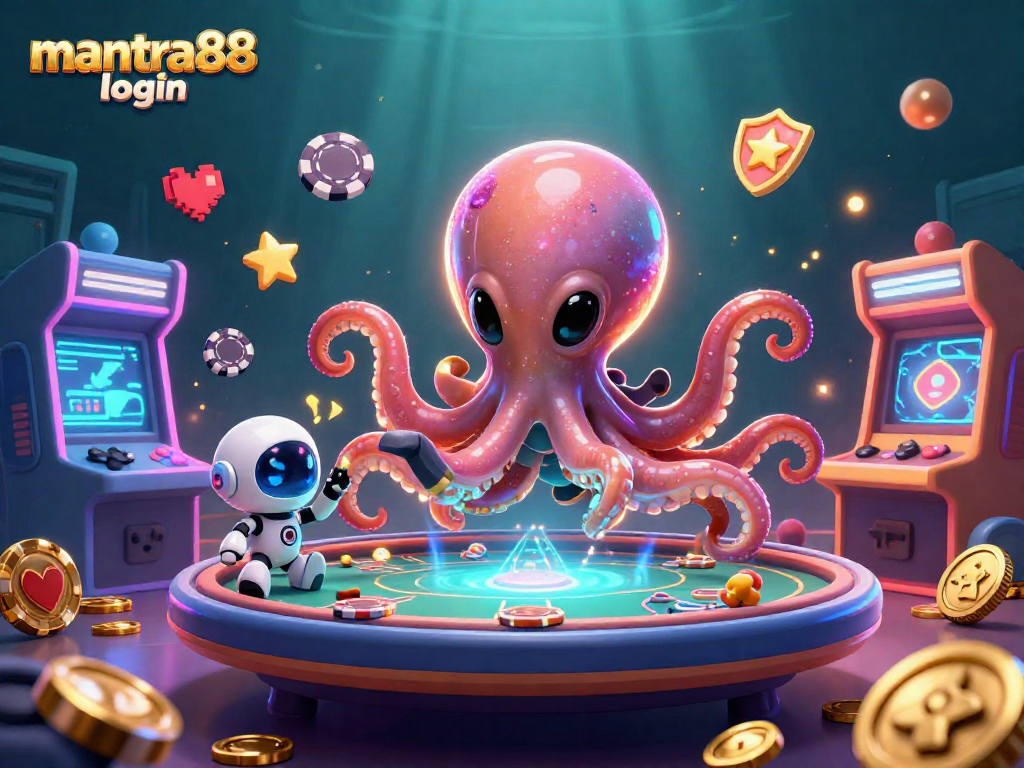 Engage with exciting gameplay in the mantra88 login casino scene featuring a vibrant holographic poker table and alien characters.