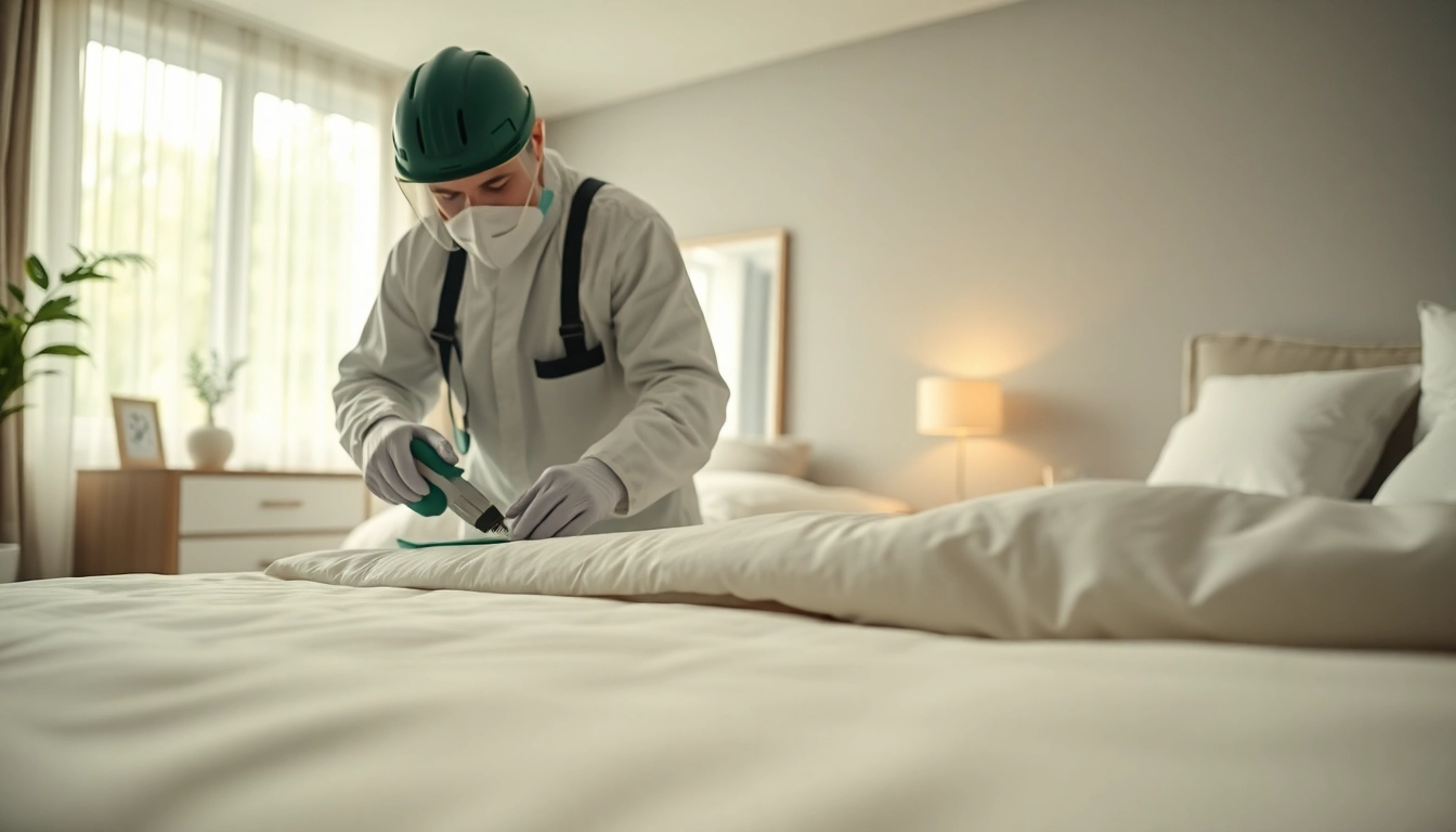 Execute a bed bug removal solution with a technician in action in a clean bedroom.