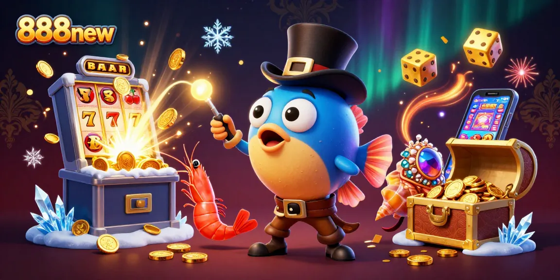 Spin the reels at 888new with a vibrant anglerfish and treasure-filled characters, representing winning moments.