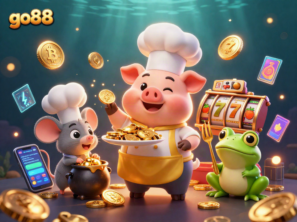 Join the gaming adventure with go88 as a chef pig serves gold coins in a dynamic casino scene.