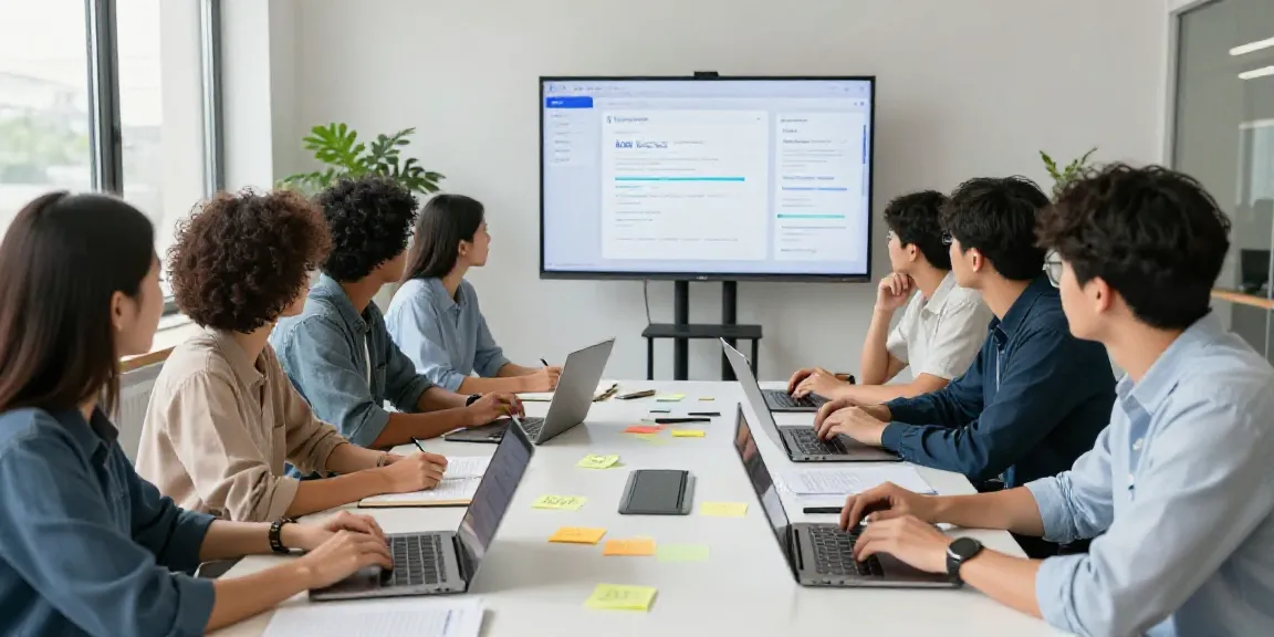Team collaborating on an AI product benefit statements generator in a bright office environment