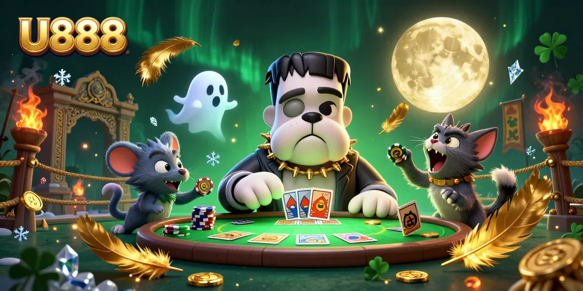 U888 offers a thrilling casino experience with a vibrant scene featuring unique characters like a Frankenstein bulldog and ghost mouse.