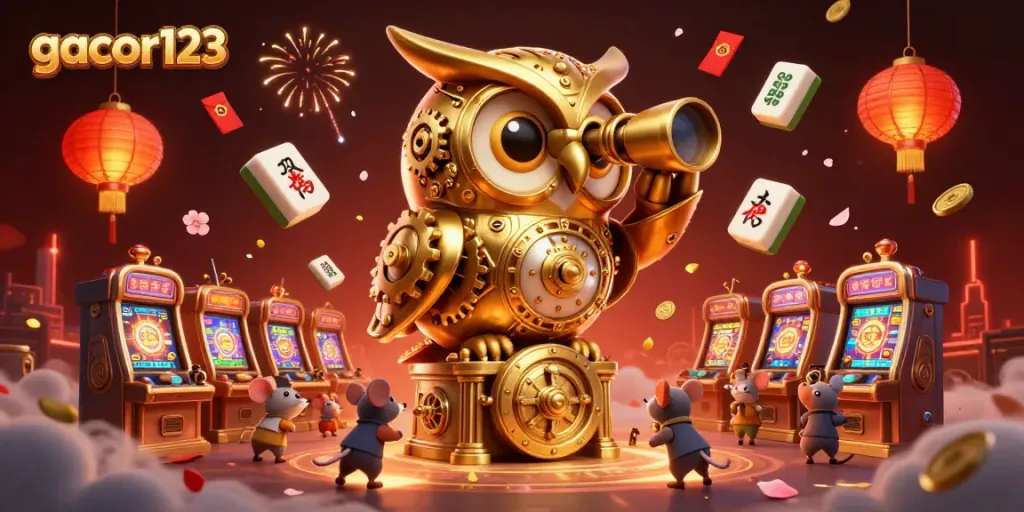 Experience the excitement of gacor123 with a vibrant casino scene, featuring a golden owl and charming mouse patrons.