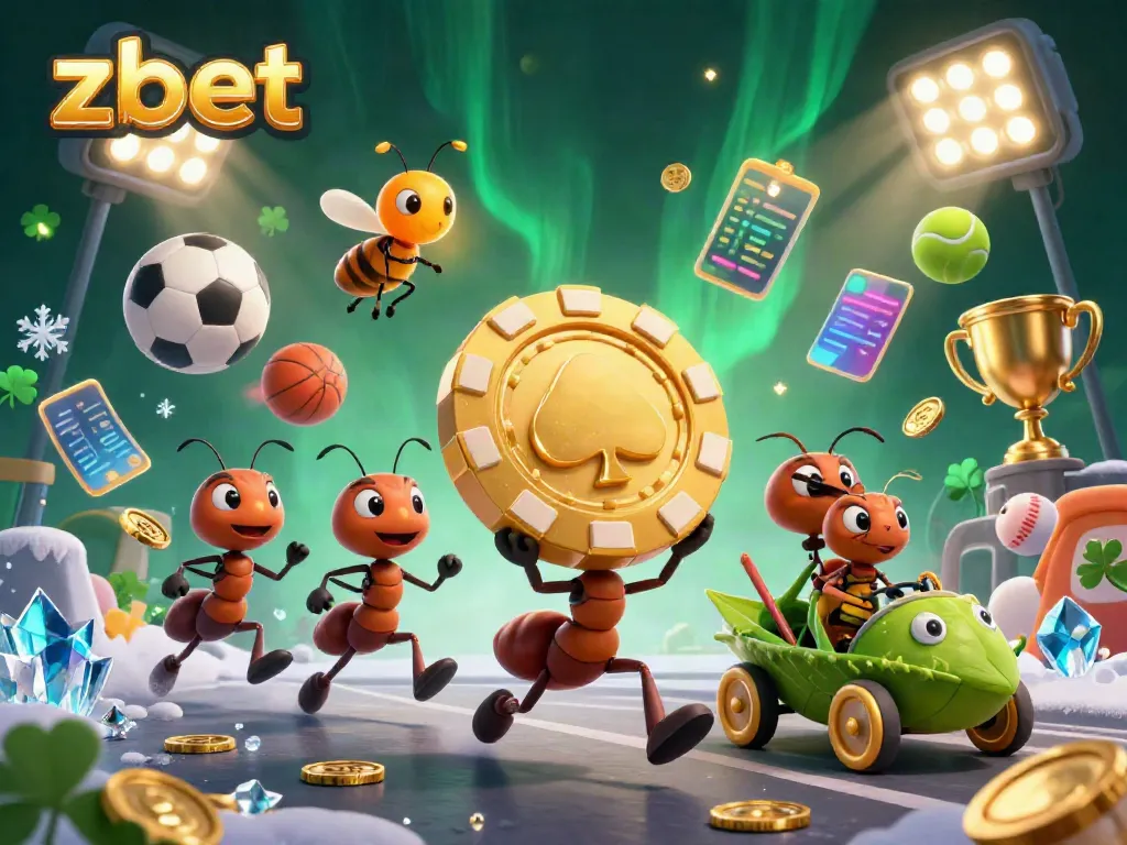 ZBET delivers an exciting heist scene featuring cartoon ants and sports elements amidst a vibrant casino backdrop.