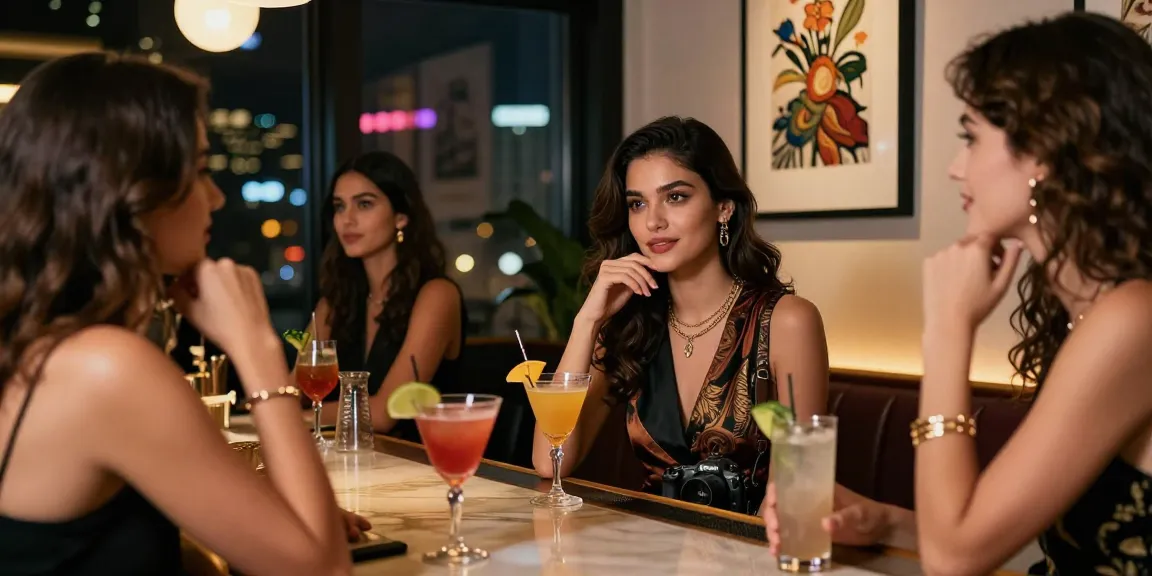 Một buổi tối sôi động với gái gọi tại quán bar sang trọng, áo dạ hội và cocktail đầy màu sắc.