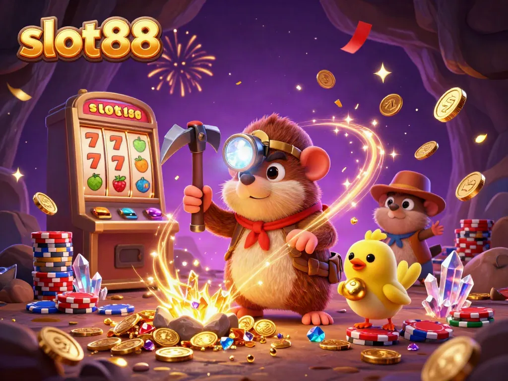 Ilustrasi slot88 bertema kasino dengan mole, perunggu emas, dan kegembiraan permainan.