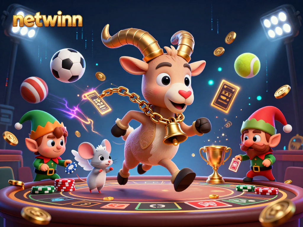 Experience netwinn in a vibrant, festive casino with unique characters and dynamic gaming elements.