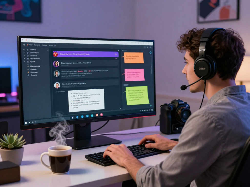 Engaged user exploring spicy chat AI on a sleek desktop setup, showcasing modern tech workspace elements.